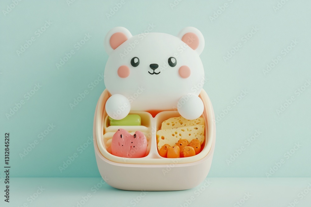 Cute bear-shaped bento box with compartments filled with colorful food. Cute bear-shaped bento box with compartments filled with colorful food.