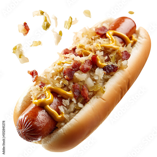 A Delicious Hot Dog with Sauerkraut Onions and Mustard Isolated on Transparent Background