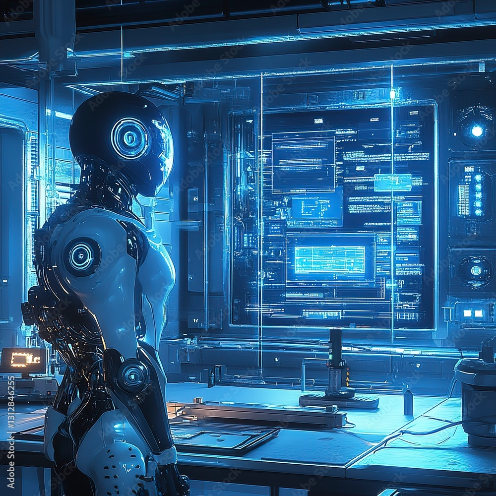 custom made wallpaper toronto digitalFuturistic robot in a high-tech lab, glowing blue panels and sleek metallic surfaces, intricate mechanical details, ultra-detailed, sci-fi aesthetic