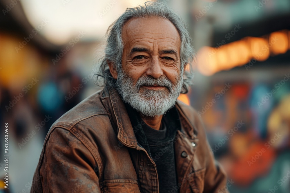 Senior man with a beard smiles warmly while sitting outdoors in a bustling urban area during twilight hours Senior man with a beard smiles warmly while sitting outdoors in a bustling urban area during twilight hours