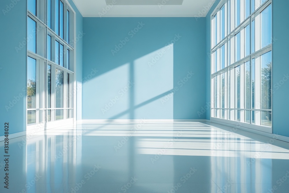 Fototapeta premium Bright and spacious room with blue walls and large windows showcasing sunlight and reflections on the floor