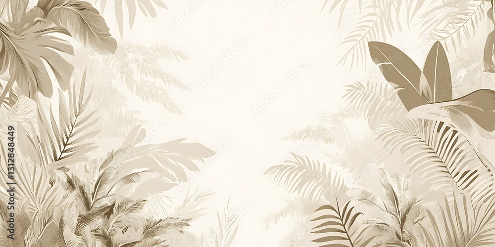 Sepia-toned tropical leaves frame a bright background. Lush foliage evokes a serene, tranquil atmosphere