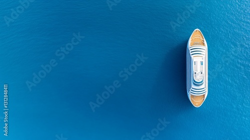 A large white passenger cruise ship floats on blue ocean waters