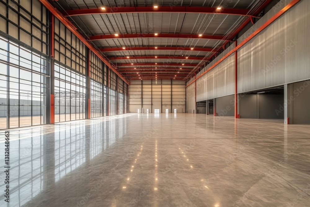 Spacious industrial warehouse with polished floors and ample natural light in a modern facility Spacious industrial warehouse with polished floors and ample natural light in a modern facility
