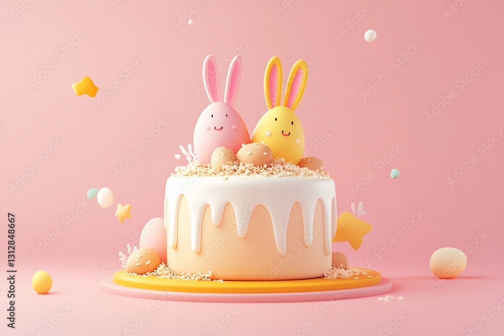 Easter cake decorated with pink and yellow bunny rabbits and eggs. Easter cake decorated with pink and yellow bunny rabbits and eggs.