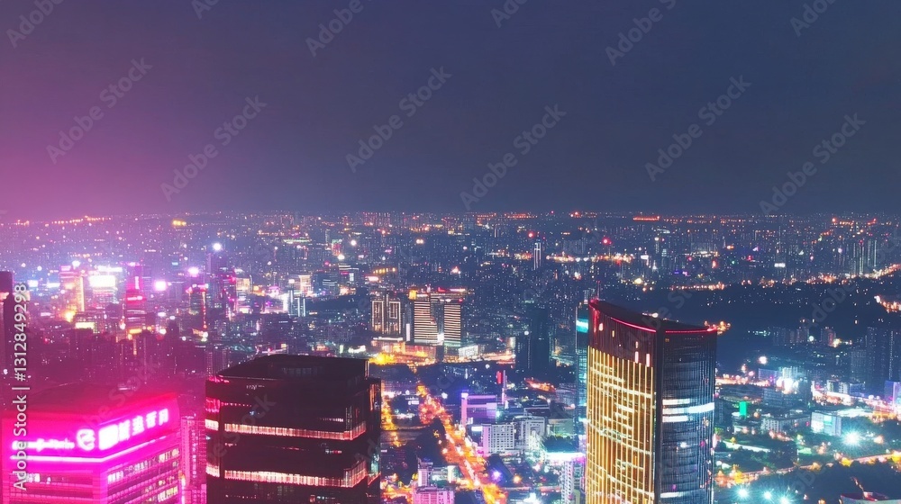 Fototapeta premium Bright neon-lit cityscape during twilight hours