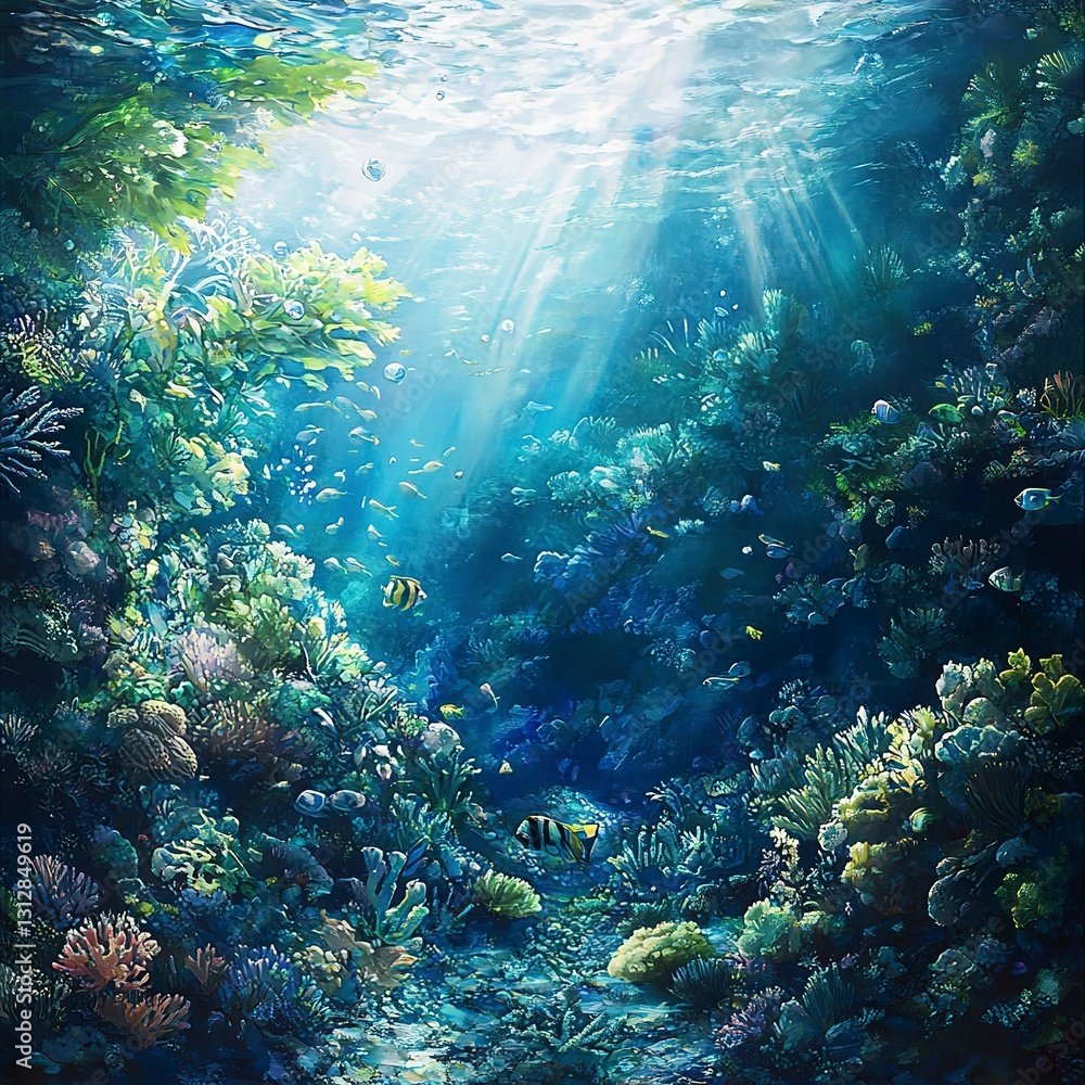Naklejka premium Massive underwater coral garden, vibrant blue and green tones, surrounded by schools of shimmering fish, soft light creating a serene atmosphere, ultra-detailed and photorealistic