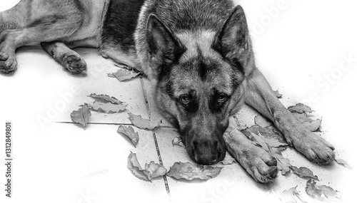 Black and white photo of a sad German Shepherd lying on the floor with dry leaves, expressing solitude and melancholy.