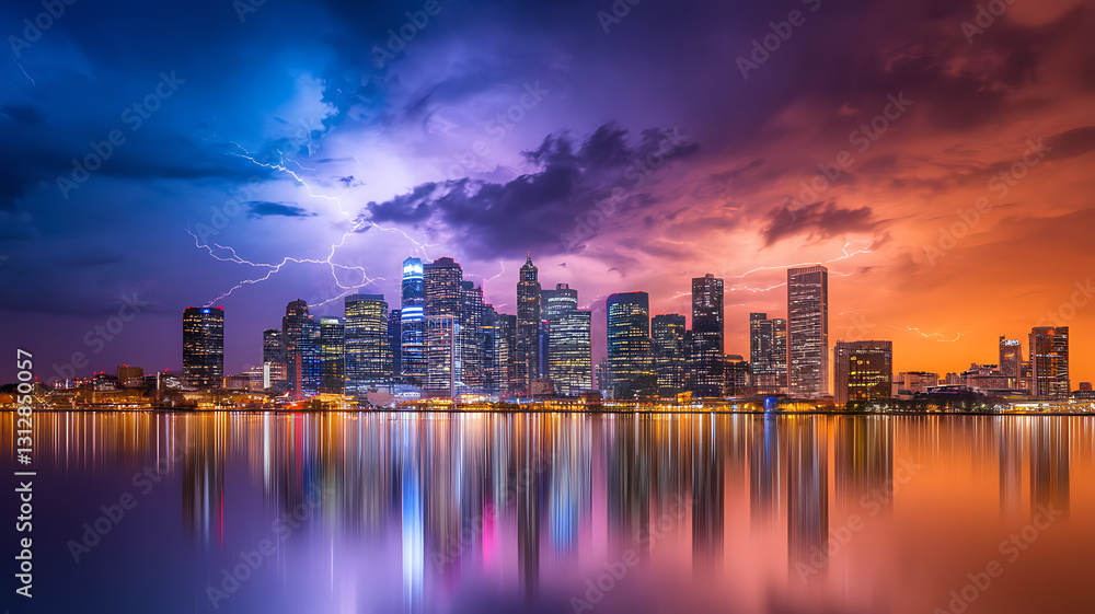 Obraz premium Detroit Skyline at Night with Dramatic Lightning Storm