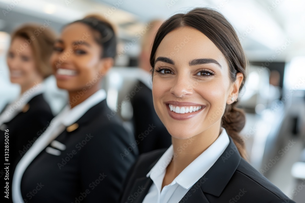 An elegant crew member in formal attire stands proudly in a luxury airline environment, exuding professionalism and welcoming energy for all passengers aboard. An elegant crew member in formal attire stands proudly in a luxury airline environment, exuding professionalism and welcoming energy for all passengers aboard.