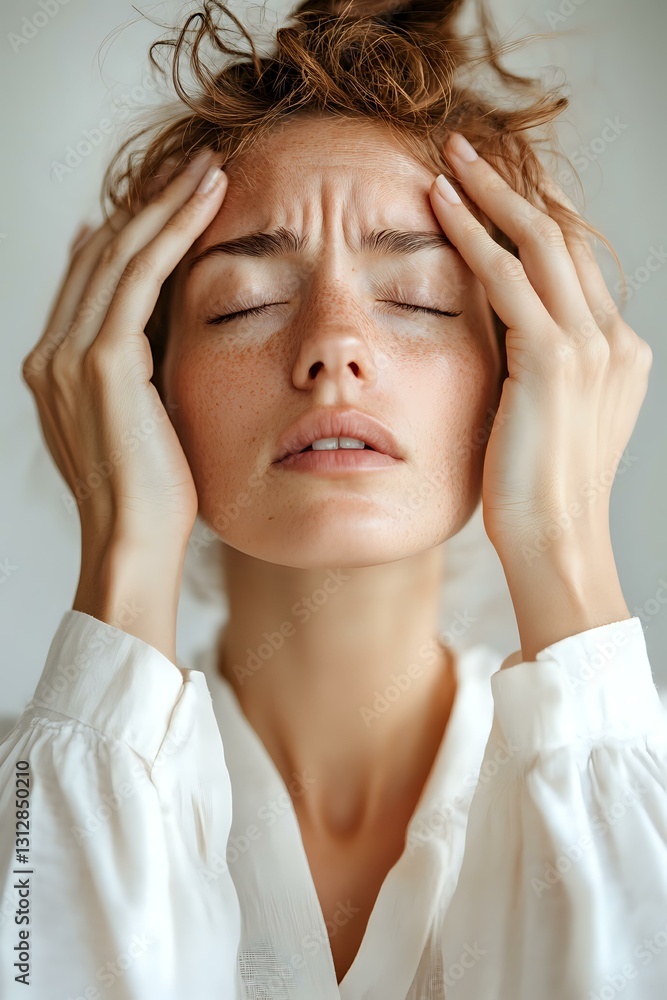 Young woman with freckles and closed eyes touching temples, wearing white shirt, expressing headache, stress or anxiety. Soft natural lighting creates mood. Young woman with freckles and closed eyes touching temples, wearing white shirt, expressing headache, stress or anxiety. Soft natural lighting creates mood.
