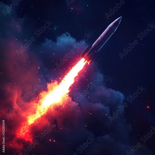 Wallpaper Mural Missile rocket launch with fire and smoke trail, cut out in space battle scene, illuminated by harsh neon light, bold fiery and smoky tones, and diagonal perspective for intense visuals. Torontodigital.ca