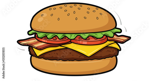 sticker adesivo cheeseburger com carne, queijo derretido, tomate e pão de gergelim