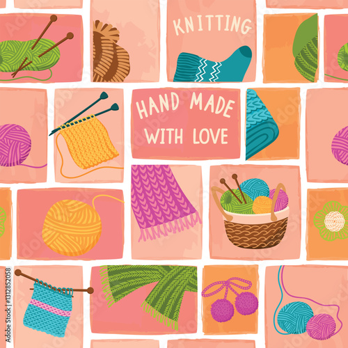 Mosaic seamless pattern with basket for knitting, skeins of yarn, needles, knitting accessories, hand written. Blue, yellow, pink, green and brown colors. Vector design for textile,wallpaper, cover.