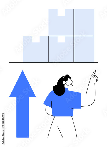 Woman gesturing towards stacked boxes above upward arrow, representing improvement, growth, or inventory organization. Ideal for business, logistics, planning, strategy, goals shipping progress