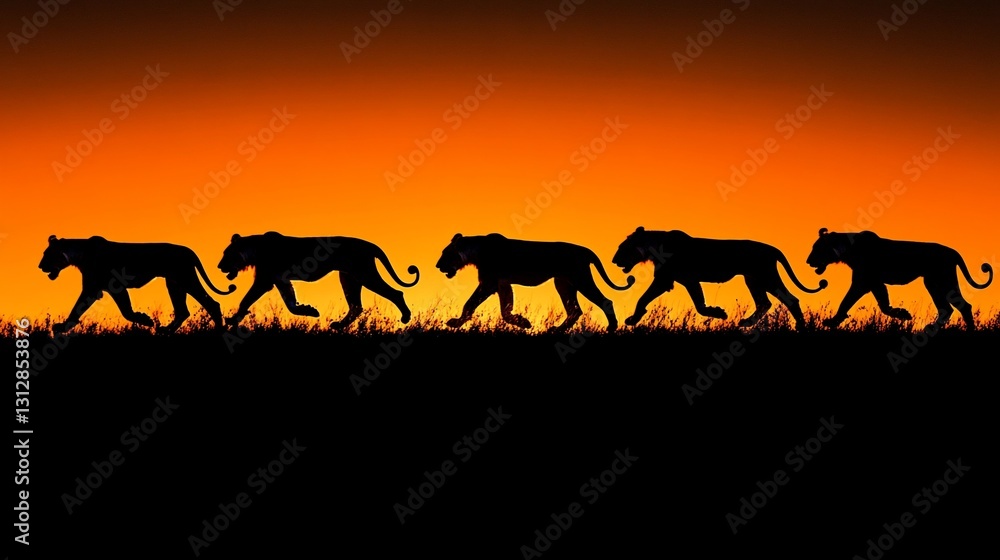 Five lionesses silhouetted against a vibrant orange sunset, walking in a line across the savanna. Five lionesses silhouetted against a vibrant orange sunset, walking in a line across the savanna.