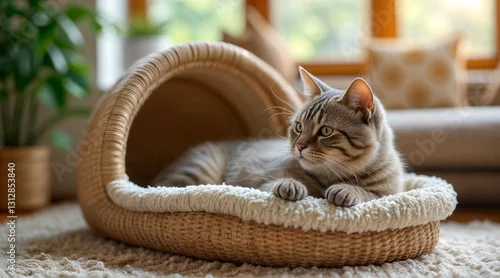 Fototapeta Gray tabby cat relaxing in a cozy woven bed inside a bright living room with large windows and plants during daylight hours