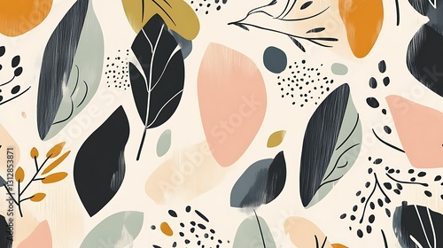 Abstract art featuring stylized leaves, branches, and organic shapes in muted earth tones