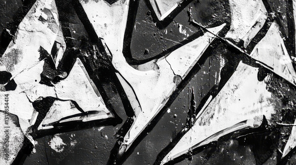 Fototapeta premium Black and white brush pen letters are rendered as graffiti symbols on a wall, featuring melted paint effects.