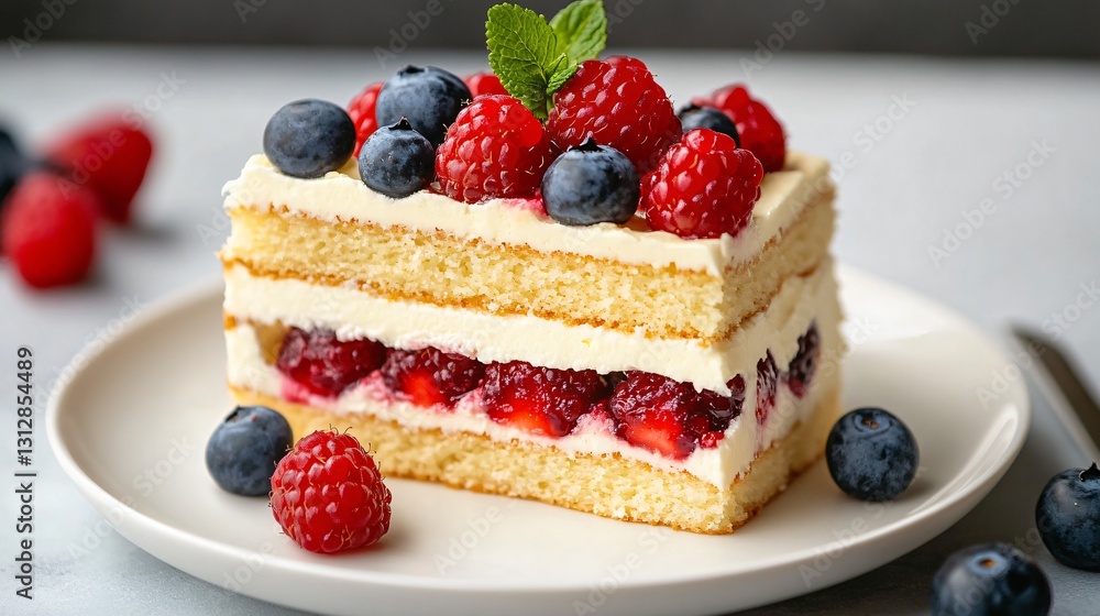 Close-up of a Layered Cake Slice Topped with Frosting - Professional Image for Culinary Usage Close-up of a Layered Cake Slice Topped with Frosting - Professional Image for Culinary Usage