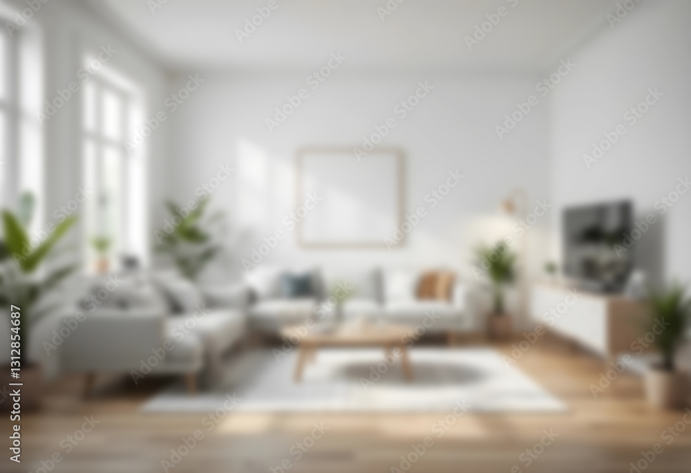 Blurred modern Scandinavian living room with a cozy sofa, mid-century furniture, wooden floor, white walls, and home plants. Soft, minimalist, and warm ambiance. Blurred modern Scandinavian living room with a cozy sofa, mid-century furniture, wooden floor, white walls, and home plants. Soft, minimalist, and warm ambiance.