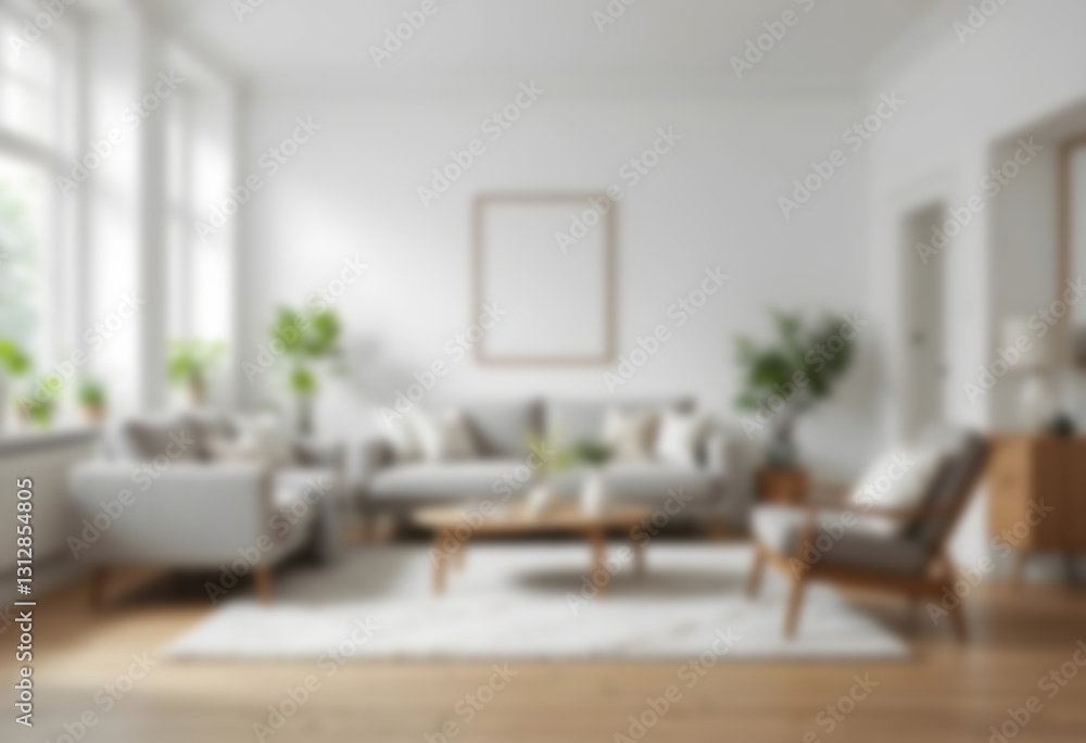 Blurred modern Scandinavian living room with a cozy sofa, mid-century furniture, wooden floor, white walls, and home plants. Soft, minimalist, and warm ambiance. Blurred modern Scandinavian living room with a cozy sofa, mid-century furniture, wooden floor, white walls, and home plants. Soft, minimalist, and warm ambiance.