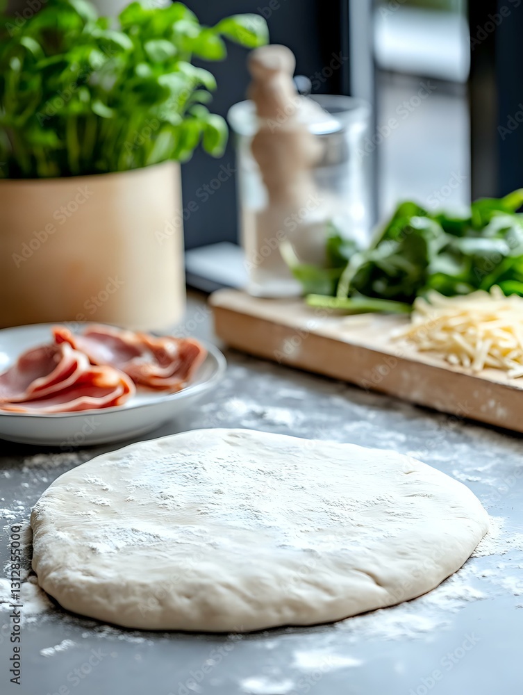 Fresh pizza dough rolled out on dark countertop with flour, pepperoni slices, shredded cheese and fresh herbs ready for homemade pizza preparation. Fresh pizza dough rolled out on dark countertop with flour, pepperoni slices, shredded cheese and fresh herbs ready for homemade pizza preparation.