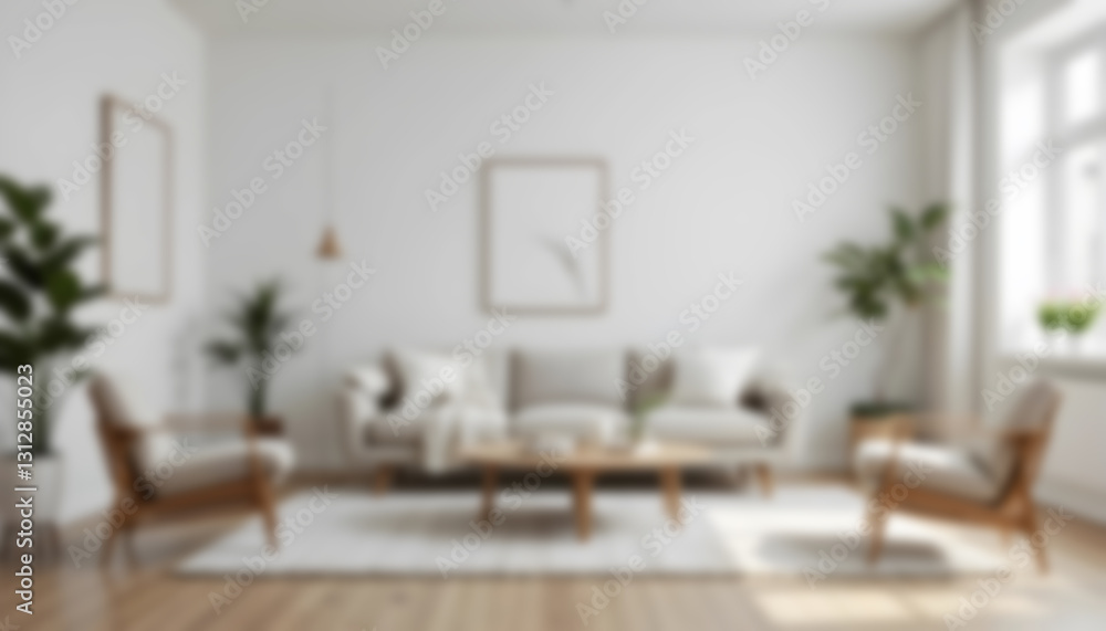 Blurred modern Scandinavian living room with a cozy sofa, mid-century furniture, wooden floor, white walls, and home plants. Soft, minimalist, and warm ambiance. Blurred modern Scandinavian living room with a cozy sofa, mid-century furniture, wooden floor, white walls, and home plants. Soft, minimalist, and warm ambiance.