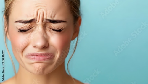 Young Caucasian woman with grimacing facial expression showing disgust or displeasure against blue background. Close up portrait with focus on emotional reaction.