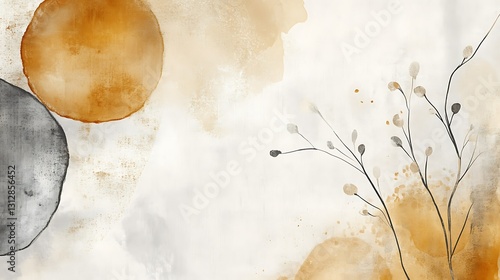 Abstract art with watercolor washes in grey and orange tones, featuring minimalist botanical elements