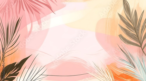 Abstract tropical foliage illustration. Pastel pink, orange, and beige tones.  Perfect for background