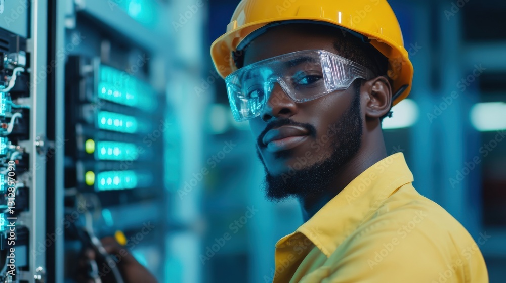 Technician Working on Server Equipment in a Data Center Technician Working on Server Equipment in a Data Center