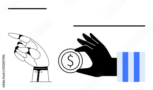 Robotic hand pointing, human hand holding a coin with dollar sign. Ideal for finance, technology, robotics, collaboration, innovation, investment automation. Flat simple metaphor