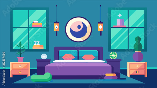 The refreshing atmosphere of a bedroom with a feng shui layout promoting a balanced energy and a techfree space for rejuvenating sleep.. Vector illustration