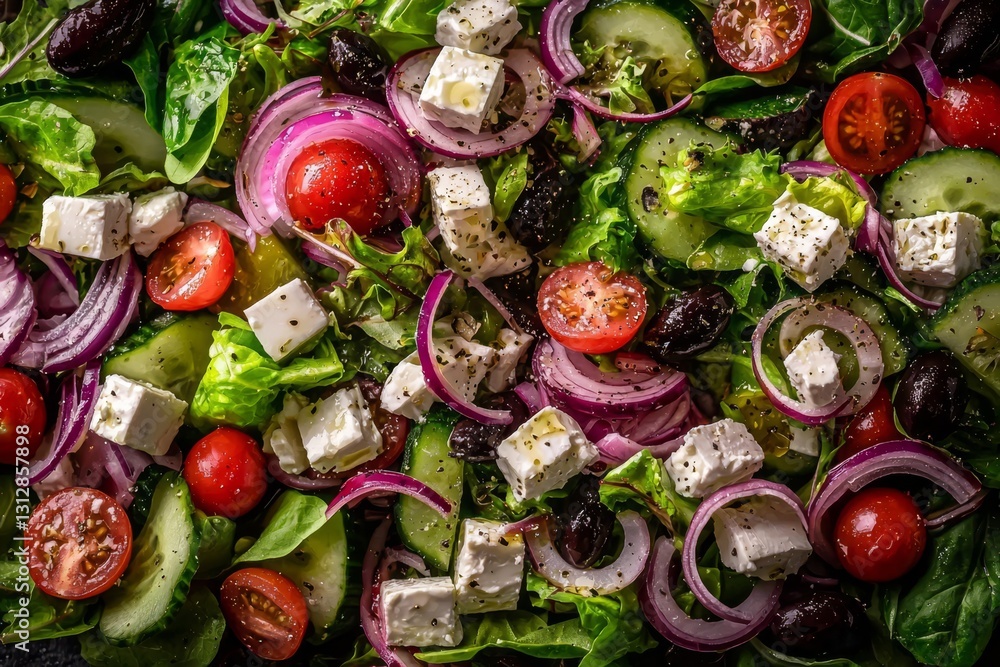 Enjoy a healthy and fresh Greek salad, bursting with ingredients. Enjoy a healthy and fresh Greek salad, bursting with ingredients.
