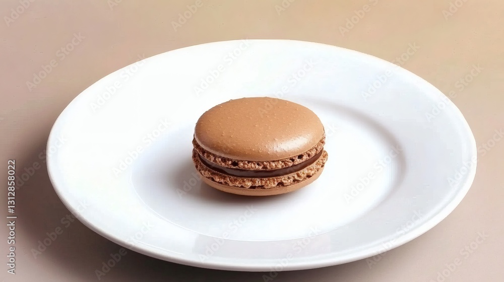 Elegant Chocolate Macaron Displayed on a Pristine White Ceramic Plate Elegant Chocolate Macaron Displayed on a Pristine White Ceramic Plate
