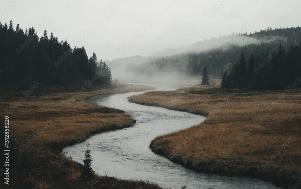 Misty Autumn River Landscape: Serpentine Waterway Through Brown Grass and Dark Green Trees Misty Autumn River Landscape: Serpentine Waterway Through Brown Grass and Dark Green Trees