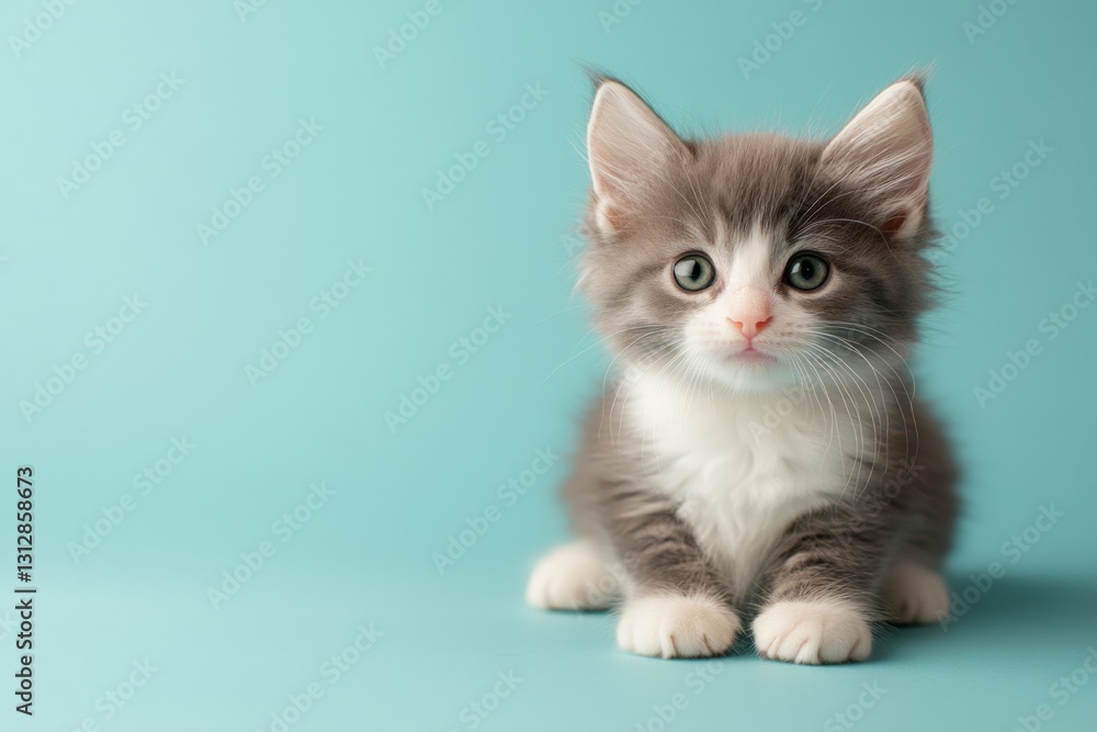 Charming gray and white kitten lying on a soft turquoise background, looking curiously at the camera Charming gray and white kitten lying on a soft turquoise background, looking curiously at the camera