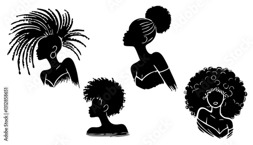 Black girls with beautiful long hair vector illustration. African American woman silhouette with trendy haircut.