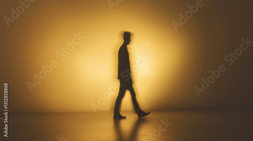 A conceptual portrait of a lone figure walking away from the viewer, their backlit silhouette sharply defined against an ethereal golden glow, minimalist composition with a monochrome background