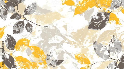 Abstract art featuring yellow and gray leaves on a white background.  The design is textured and painterly