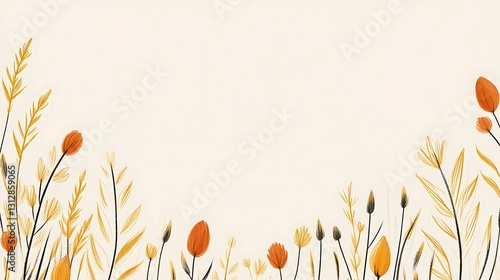 Soft autumnal floral border design, featuring orange and yellow wildflowers and grasses on a pale background