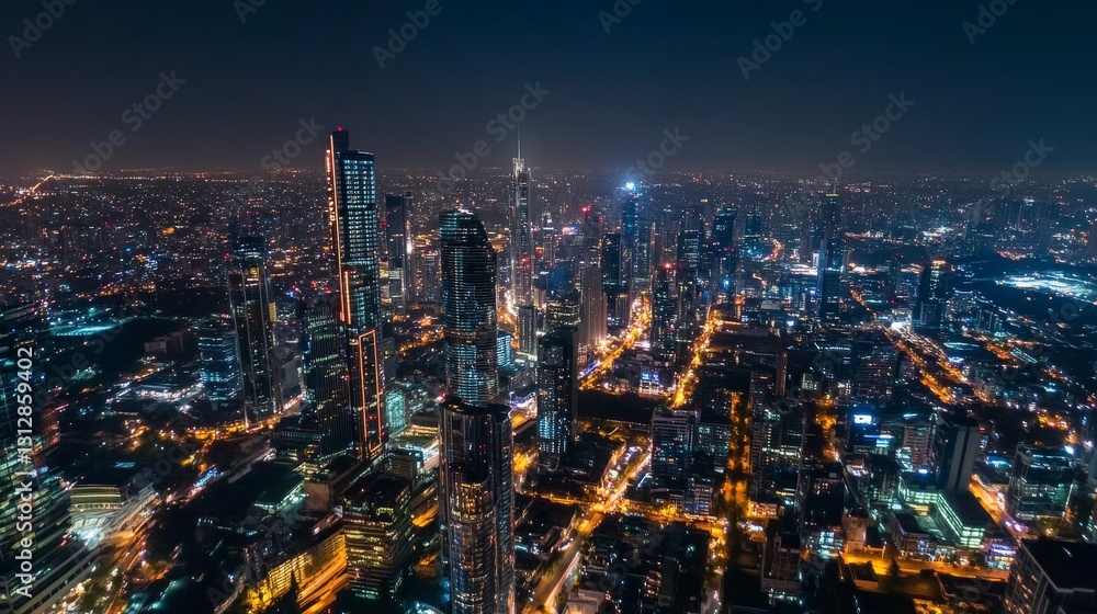 Obraz premium Night Skyline with Brightly Lit Skyscrapers Across City