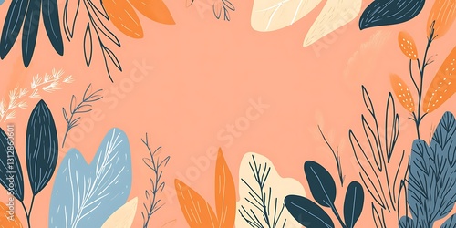 Peach background adorned with stylized foliage in muted orange, blue, and dark teal hues