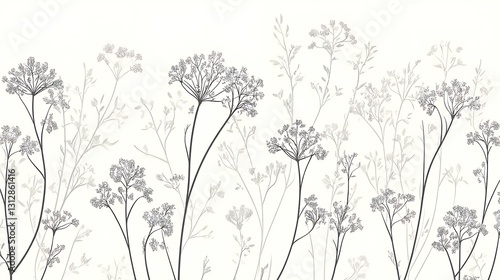 Elegant grayscale botanical illustration featuring various wildflowers and grasses, creating a serene and natural design