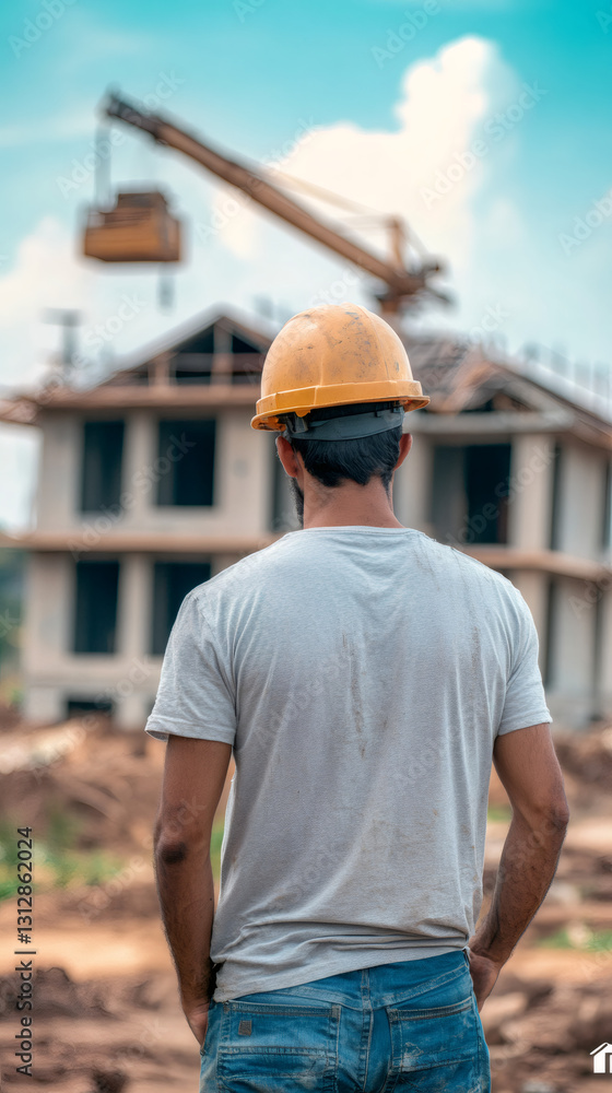 Construction worker wearing hardhat inspecting building under construction with crane lifting material in background Construction worker wearing hardhat inspecting building under construction with crane lifting material in background