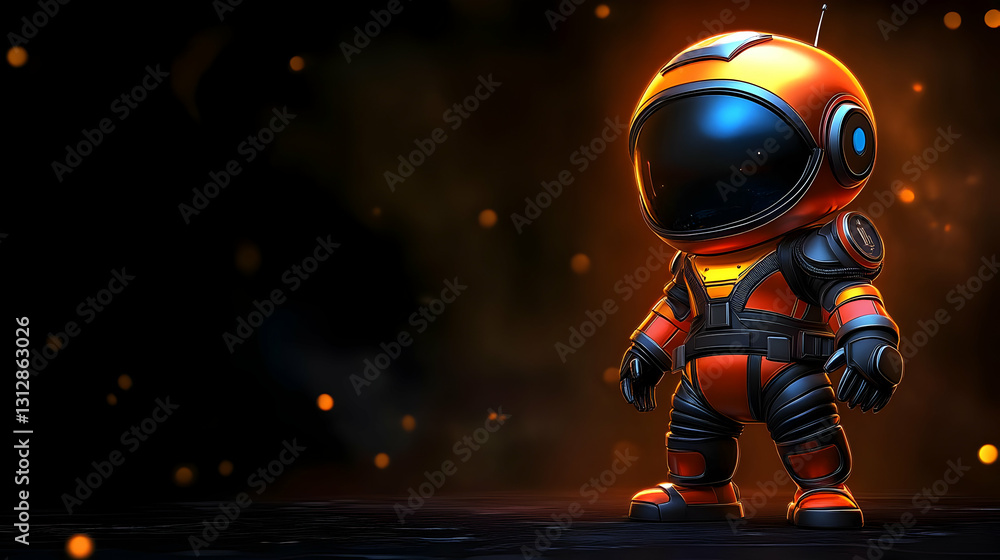 Fototapeta premium Cute Orange and Black Robot Astronaut in Dark Space