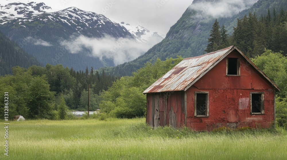 A weathered red barn stands amidst lush greenery and mountains under a cloudy sky. A weathered red barn stands amidst lush greenery and mountains under a cloudy sky.