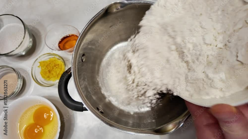 The pouring of flour into a bowl to make pie dough in kitchen, some ingredients for making a pie The pouring of flour into a bowl to make pie dough in kitchen, some ingredients for making a pie