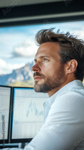 Professional analyzing financial data, gazing at mountain landscape through office window